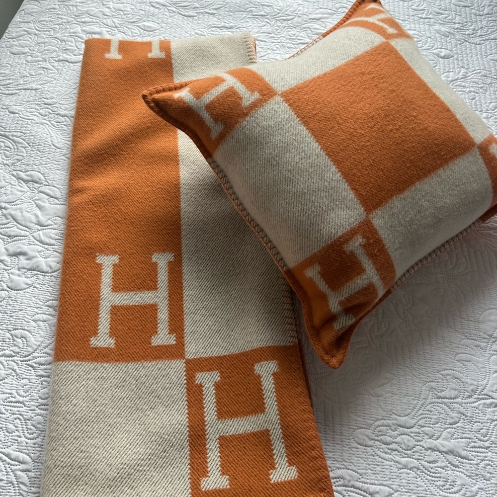 Hermes Orange and Cream Pillow and Blanket